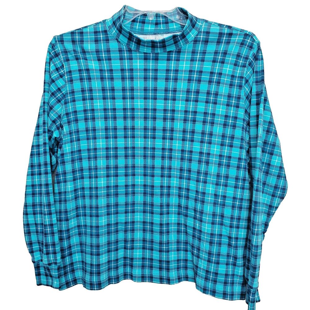 Lands' End Women's Cotton Plaid Mock Neck Long Sleeve T-Shirt Size XL